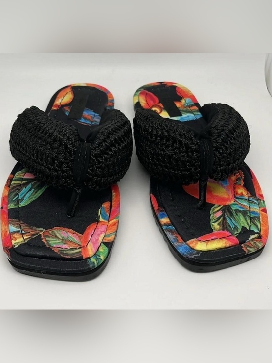 FARM Rio Shoes - FARM Rio Black Crochet Toe-Post Sandals with Multicolor Floral Footbed